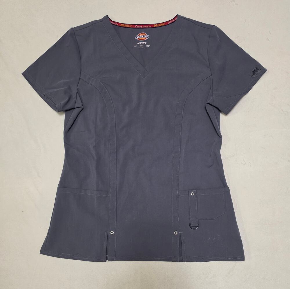 Dickies Xtreme Stretch Women Small Scrub Top V-Neck Gray Pewter Pockets 82851